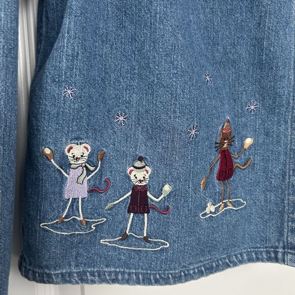 Y2K Christopher Banks Women L Denim Jacket Embroidered Cats Mice Cottagecore Vtg - Picture 2 of 11